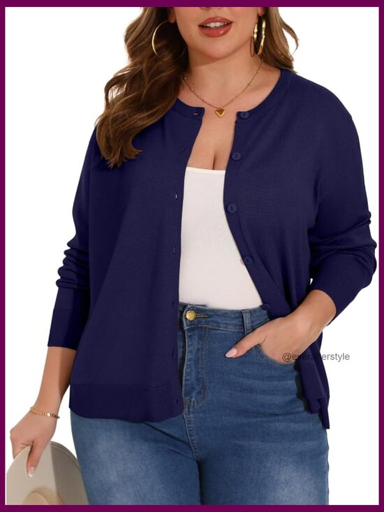 Sweaters - Plus Size Lightweight Knit Crewneck Cardigan with Button Front Long Sleeve